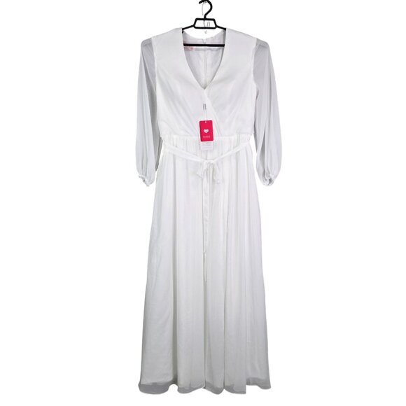 Womens JJs House White Maxi Dress Tie Waist Long Sleeve V Neck Sheer Overlay 16 - Picture 1 of 12